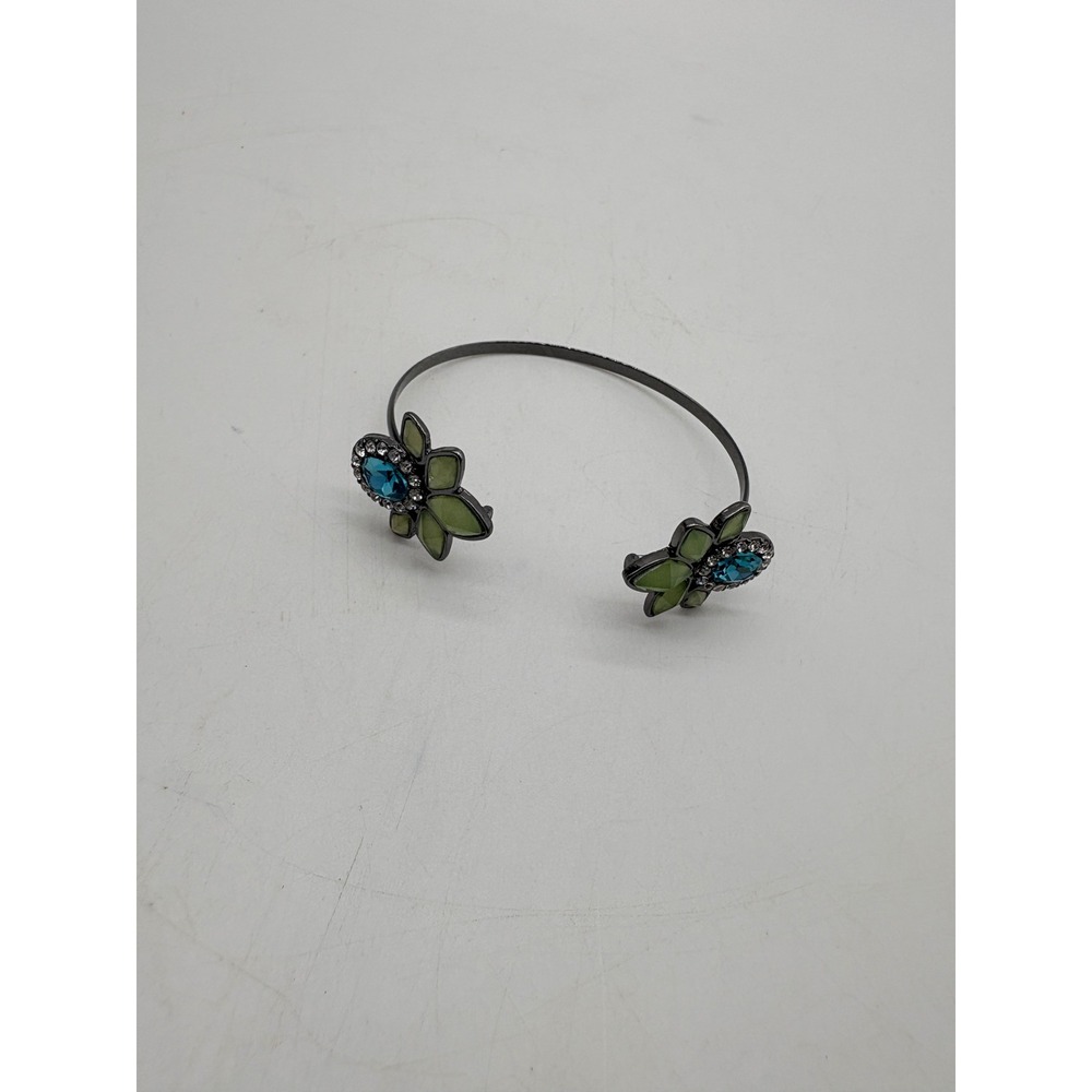 Gunmetal Floral Cuff Bracelet Green Teal Crystal Rhinestone Bypass‎ Bangle